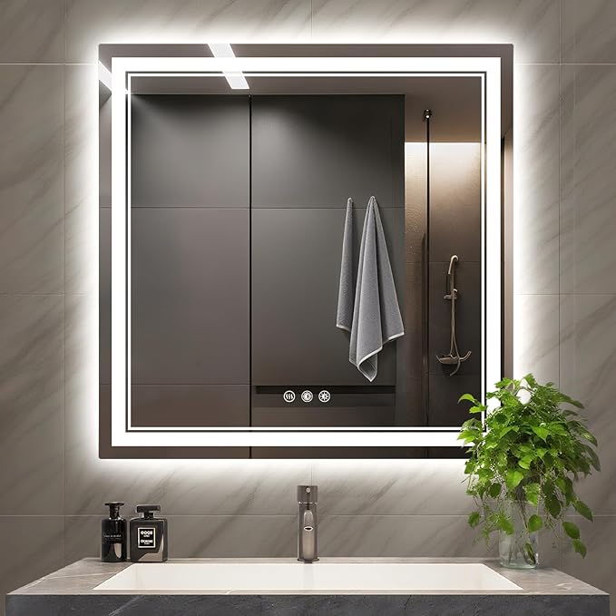 LED Bathroom Mirror with Lights: 36"x36" Wall Mounted Large Lighted Mirrors Fogless, Anti-Fog,Dimmable,Memory Function, Shatterproof Tempered Glass, Espejos para Baños, ETL Listed
