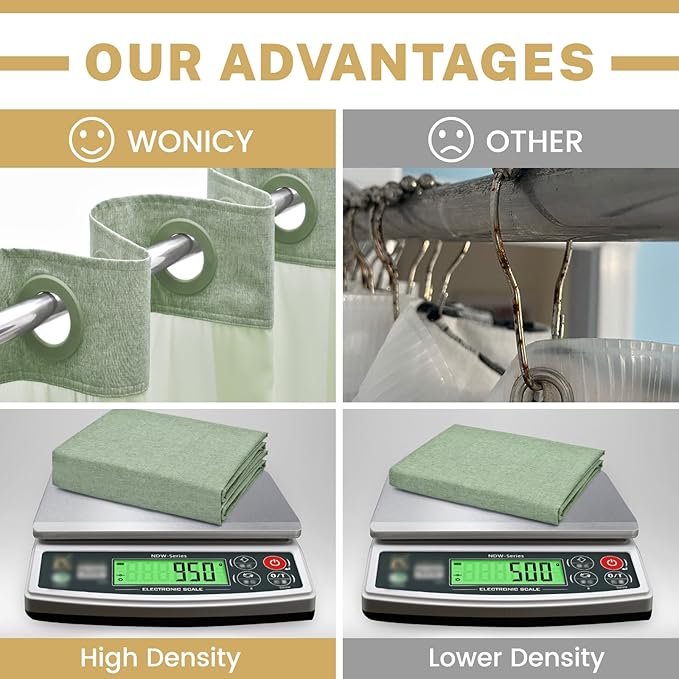 No Hook Shower Curtain with Snap in Liner, Polyester Textured Shower Curtain with Liner Set, Waterproof Washable Hotel Style Shower Curtains for Bathroom, 71Wx74H, Sage Green