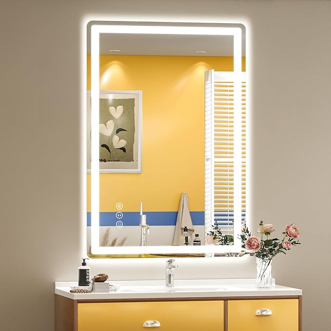 SMIROR LED Bathroom Mirror with Lights 22"x 30", Rounded Rectangle Lighted Vanity Mirror for Wall, Front Lit and Backlit, 3 Colors, Dimmable, Anti-Fog, Tempered Glass (Horizontally/Vertically)