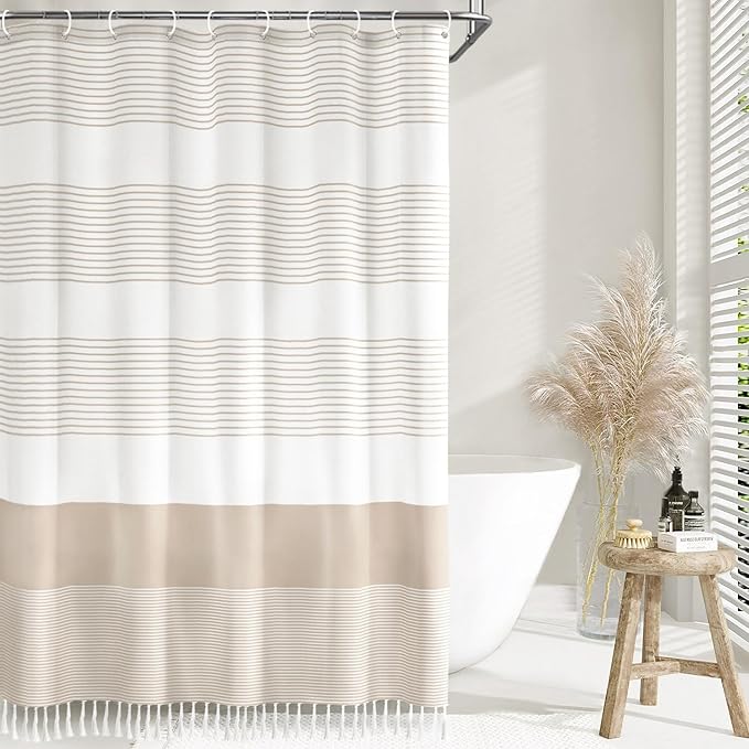 Awellife Boho Beige Shower Curtain for Bathroom Extra Long Cotton Stripe Tassel Shower Curtain 72 X 78 Inches Natural Texture