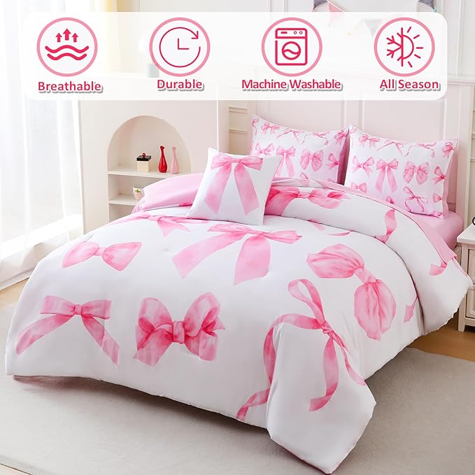 6 Pieces Full Comforter Sets with Sheets Pink Bed in a Bag for Girls,Bow Comforter Set,Bow Full Bedding Sets for Kids