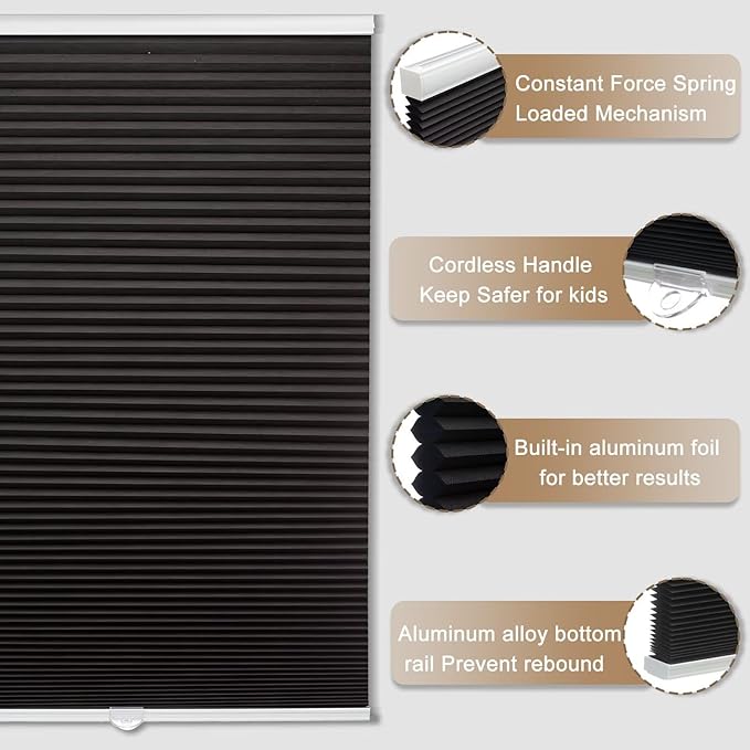 MYshade 1.5-Inch Cellular Cordless Blackout Shades,Thermal Insulating Noise Reducing Waterproof Blinds,Honeycomb Window Treatments for Indoor Light Control (Black-41 W x 72" H)