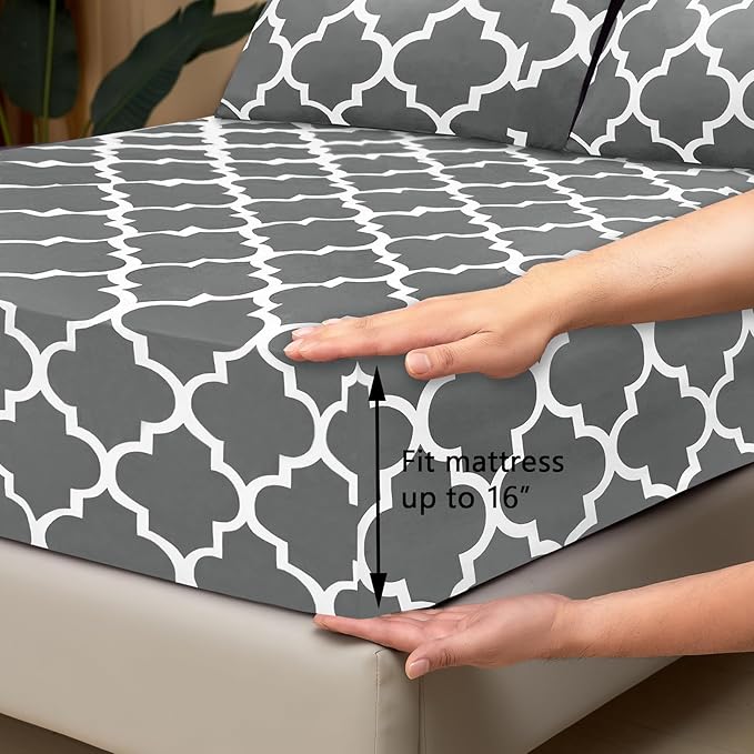 Mejoroom King Bed Sheet Set - Super Soft Brushed Microfiber 1800 Thread Count Sheets with 15 inch Deep Pocket - Wrinkle Free - 4 Piece (King, Grey Quatrefoil with White Pattern)