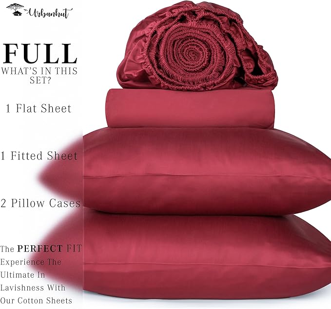 URBANHUT 1000 Thread Count Full Bed Sheets Egyptian Cotton Sheet Set, Long Staple Soft & Breathable, 4 Pc Bed Sheet Sets, Luxury Hotel Sateen Sheets Fits 16" Deep Pocket - Burgundy