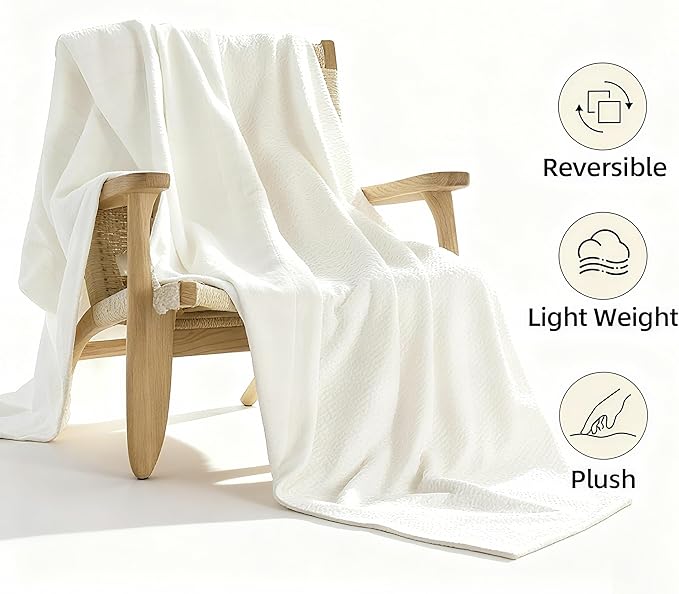 CHUFFED Cotton Waffle Blanket Throw Size - Plush Milk Velvet & Reversible Waffle Weave,Anti-Static 300Gsm Design，Thick Cozy Soft Winter Blanket for Bed, Couch, Sofa - White, 50x70 Inches