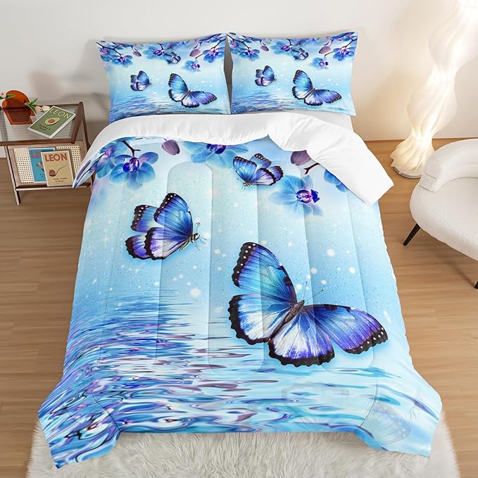 Fantasy Blue Themed Aesthetic Bedding King Comforter Set,Butterflies on Water with Falling Flowers Comforter Sets for Kids Girls Boys,Pretty Butterfly Pattern Bedding Sets with 2 Pillowcases.