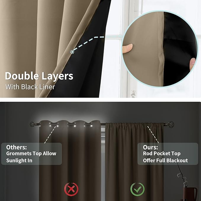 BGment 100% Blackout Curtains for Bedroom 63 Inch Length 2 Panels, Thermal Insulated Room Darkening Curtains Rod Pocket Soundproof Bedroom Living Room Window Curtains, Sand, Each 52 Inch Wide
