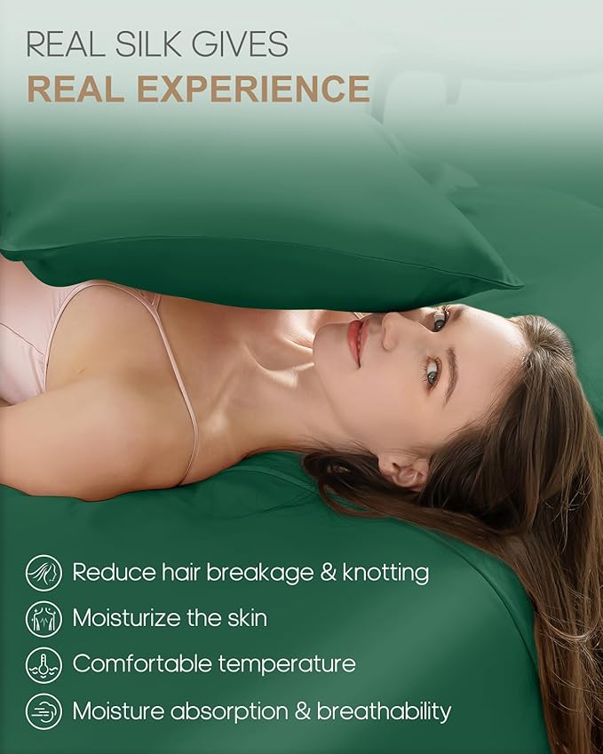 THXSILK 100% Mulberry Silk Pillowcase for Hair and Skin Heath 22 Momme, Best Gift Choice, Grade 6A+ Silk Both Sides, Hypoallergenic Pillow Cover with Zipper, 1pc(King 20"x36", Emerald Green)