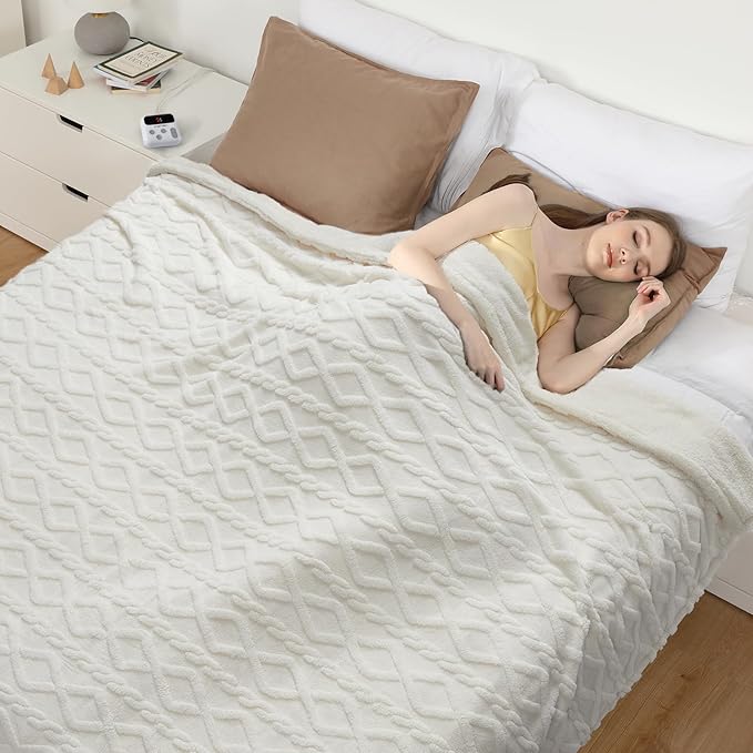 CAROMIO Electric Blanket King Size Dual Control - Thick Tufted Sherpa Heated Blanket with 10 Heating Levels and 10 Time Settings, ETL Certified Fast Heating Blankets King Size 90"×100", White