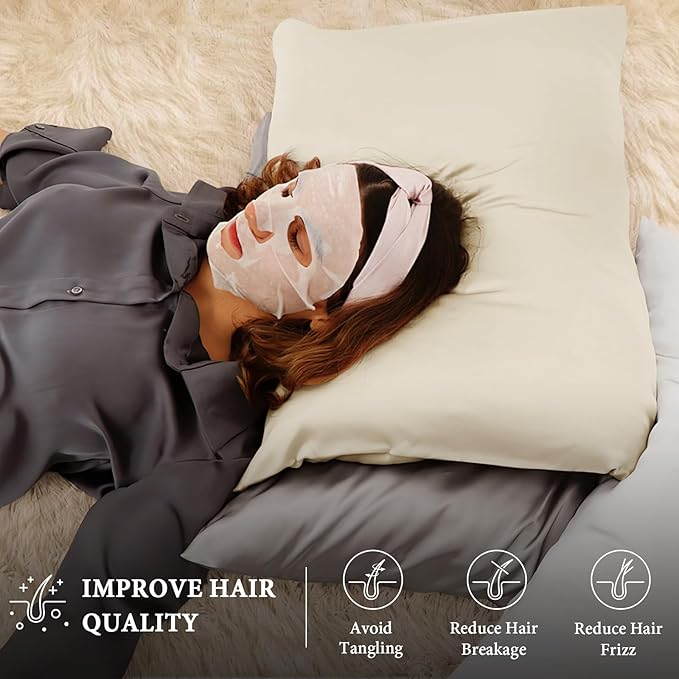 BHZ Satin Goose Down Feather Pillows Queen Size Set of 2 with Beige Satin Pillowcase for Hair and Skin, Cooling Pillow Cases Similar to Silk Pillow Cases, Decorative for Women, Mom Men