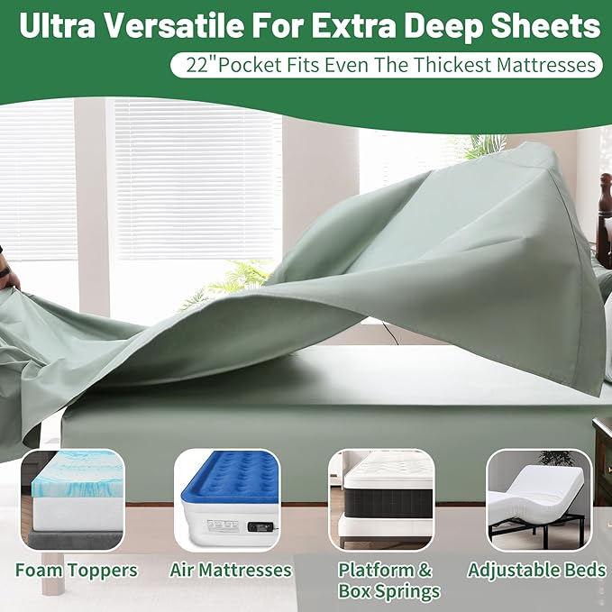 Extra Deep Pocket California King Sheets 18-24 Inch 1000 Thread Count 100% Egyptian Cotton Sateen Weave Soft Breathable 4 Pieces（California King,Sage Green）