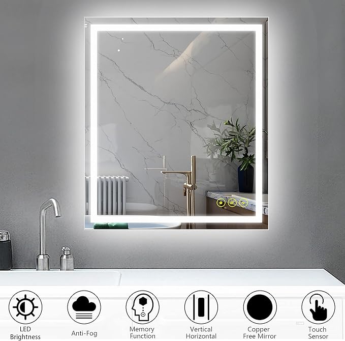 Wall-Mounted LED Square Bathroom Mirror, Makeup Mirror (36inches x 30inches,) 3 Color Stepless Dimmable Memory Bathroom Vanity Mirror with Lights CRI90+ 3000-6400K Smart Mirror with Touch