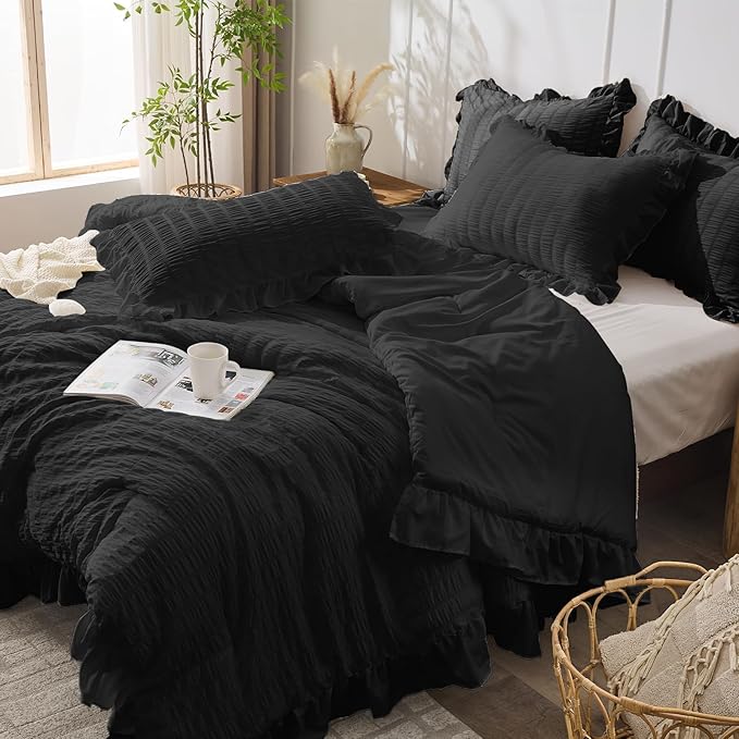 JOLLYVOGUE Black Comforter Full Size, 3 Pieces Seersucker Lightweight Full Size Bedding, All Season Fluffy Microfiber Bedding Comforter Set with 1 Ruffle Comforter and 2 Ruffle Pillowshams