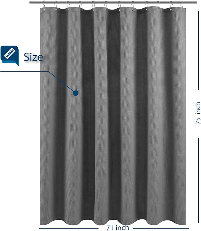 Barossa Design Long Fabric Waffle Weave Shower Curtain 75 inch Height, Hotel Luxury Spa, 230 GSM Heavy Duty, Water Repellent, Machine Washable, Gray Pique Pattern, 71x75