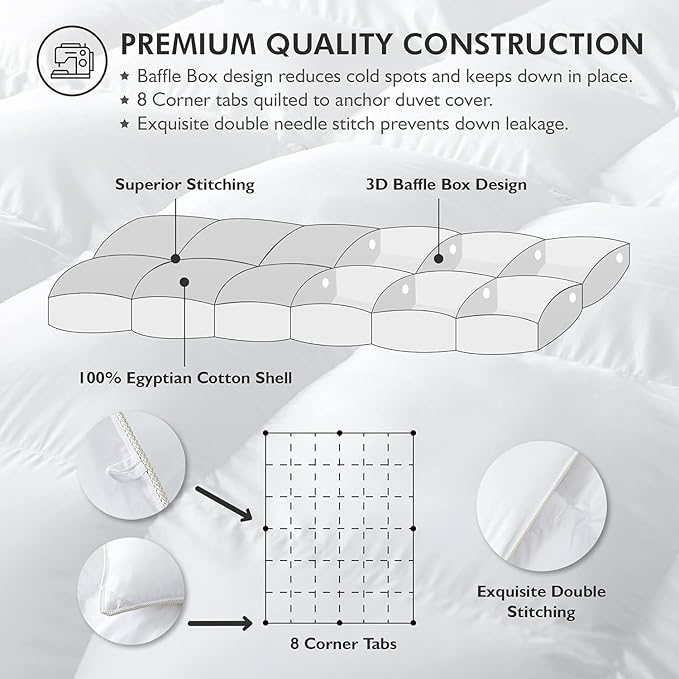 Luxurious Oversized Super King 120" x 120" Size Goose Down Fiber Waterfowl Feather Fiber Comforter Duvet, 100% Egyptian Cotton Cover, 90 oz. Fill Weight, Baffle Box Design, White Solid
