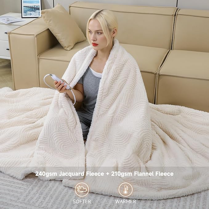 Heated Blanket King Size - 100"x90" Cozy Soft Jacquard Heating Blanket with 4 Heat Levels & 10 Hours Auto-Off, Jacquard Fleece, Overheating Protection, Warm Gifts, Cream