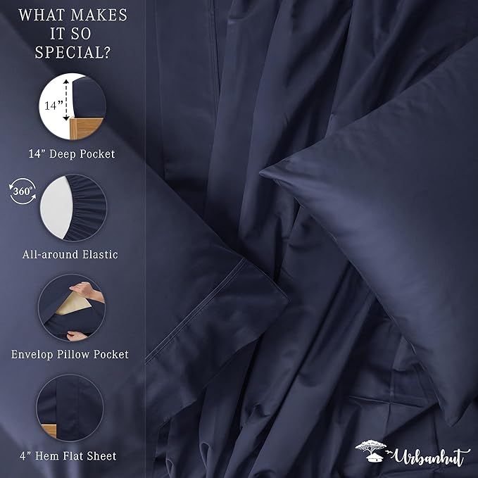 URBANHUT 700 Thread Count Full Size Egyptian Cotton Sheets, 4Pc Sheet Set Soft Luxury Bed Sheets for Full Size Bed, Sateen Weave Hotel Sheets, 14'' Elasticized Deep Pocket - Navy Blue
