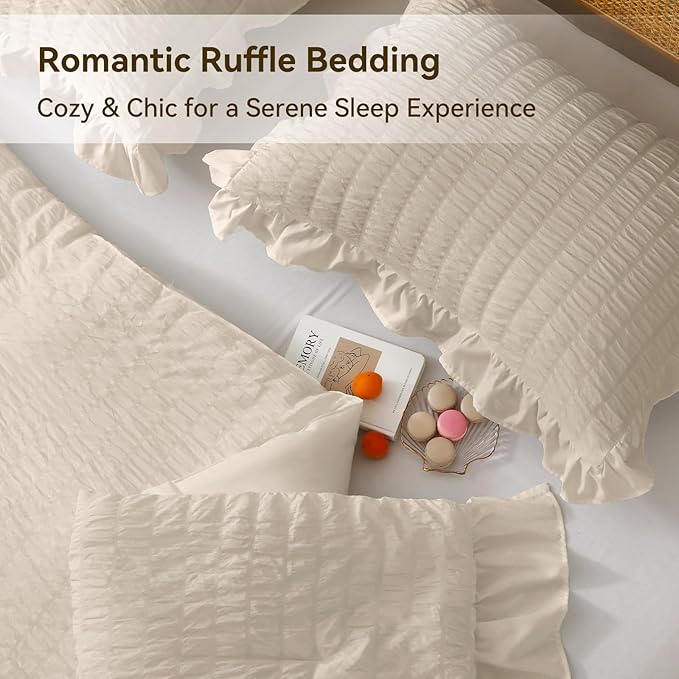 JOLLYVOGUE Beige Twin Size Comforter Set, 2 Pieces Seersucker Lightweight Fluffy Bedding Set, Twin Ruffle Comforter, All Season Soft Microfiber Shabby Chic Bed Set