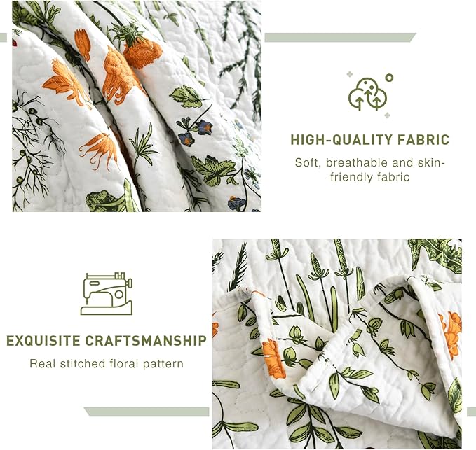 Lady Ann 100% Cotton Floral Oversized Queen Quilt Set - Yellow Flowers & Leaves Pattern Plant Botanical Printed Quilted 102x118 Bedspread & Coverlet Set, 3 PCS Lightweight Bedding Sets All Season