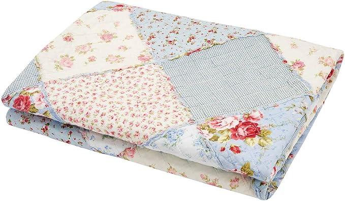 Cozyholy Original 100% Cotton Patchwork Quilt Full Queen Size Blue Floral Bedspread Coverlet Reversible Vintage Shabby Chic Quilted Throw Blanket Bed Quilt Cover for Couch Sofa