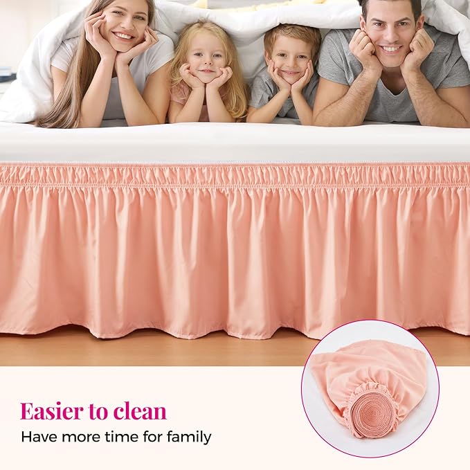 RIMELA Peachy Coral Bed Skirt King Size 18 Inch Drop, Wrap Around Elastic Bedskirt, Dust Ruffle for Adjustable Bed Base Machine Washable Easy to Install Bed Skirts