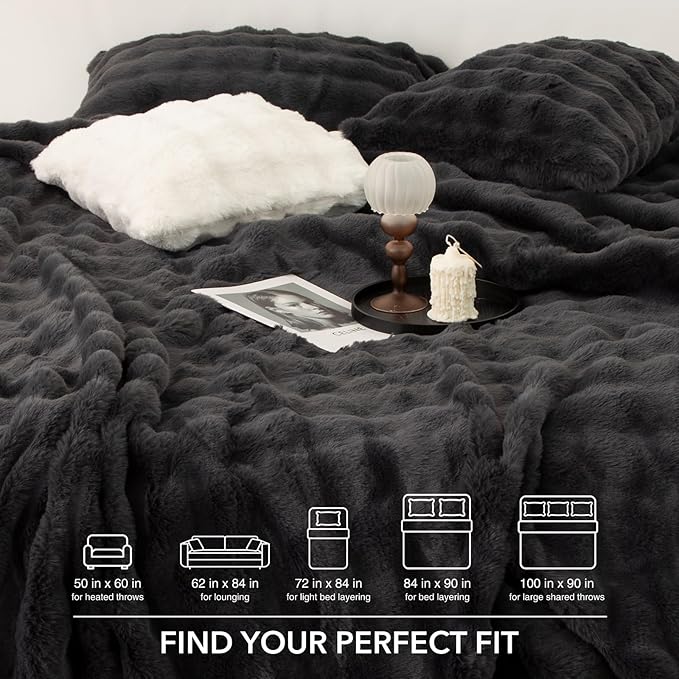 Faux Rabbit Fur Bubble Heated Blanket Queen Size Dark Grey - Fluffy Thick Electric Blanket with Dual Control, 6 Heating Levels & 10 Timer Settings, Overheat Protection, Home Decor (84" x 90")