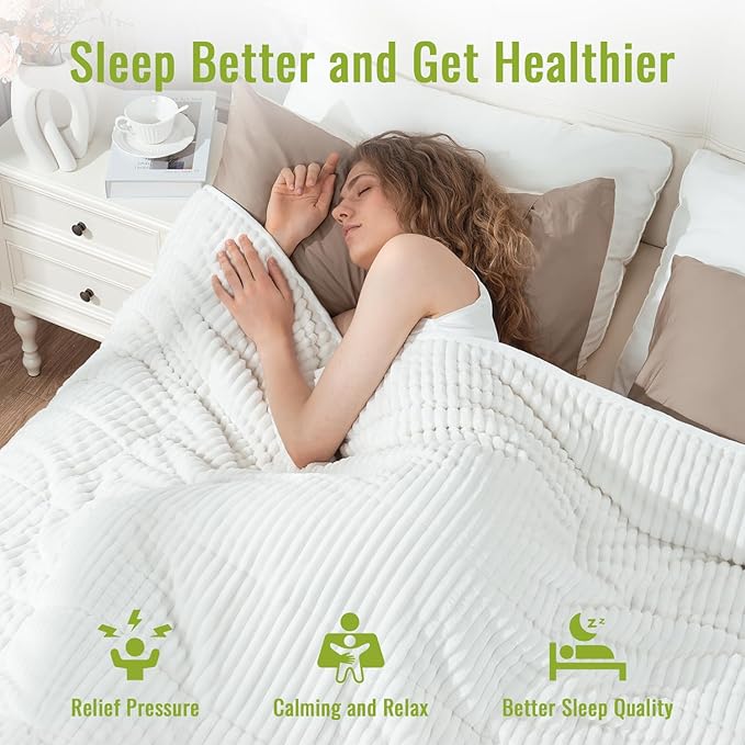 Uttermara Weighted Blanket for Adults Queen Size 20lbs, Striped Ribbed Fuzzy Heavy Blanket, Dual-Sided Ultra Cozy Sherpa & Super Soft Flannel for Sleep, 60x80 Inches, White