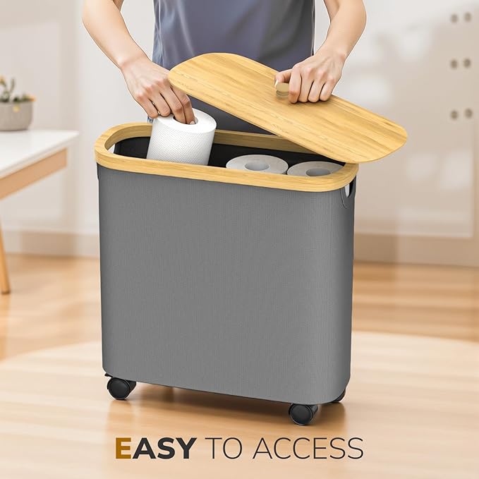 Toilet Paper Storage with Wheel Bamboo Toilet Paper Holder with Lid and Handle Toilet Papers Organizer for Bathroom Free Standing 30L Papers Basket for 9-12 Rolls Bathroom Accessories, Grey