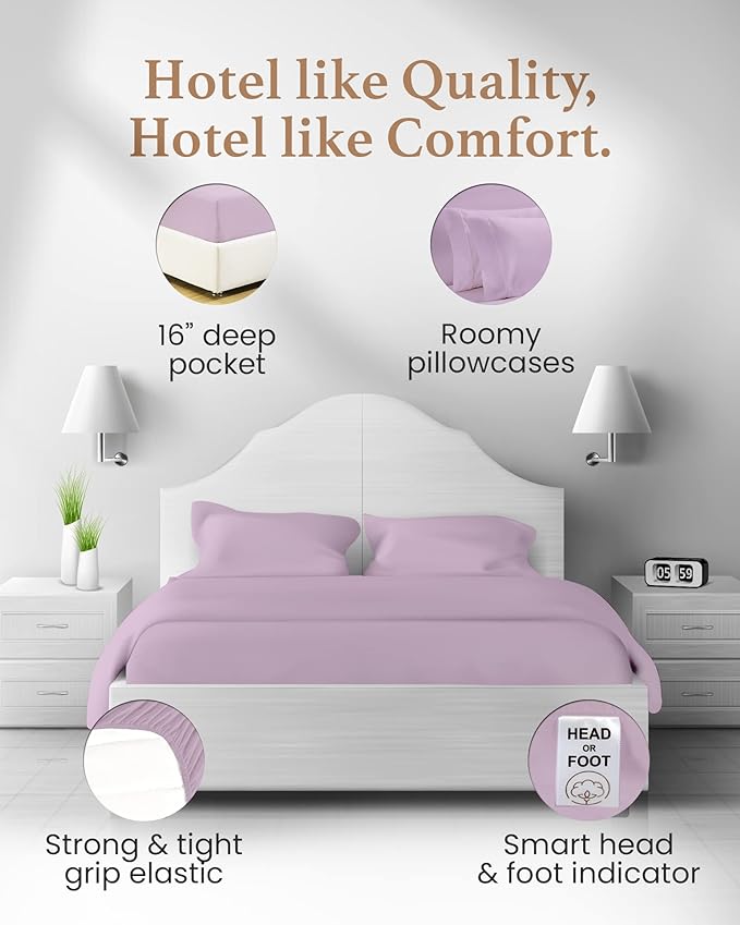 Split King Sheets Sets for Adjustable Bed Cotton, Luxury Sheets, Egyptian Cotton Sheets, 5 Piece 100% Cotton Split King Sheet Set, Sateen Sheetts, 2 Fitted - 16" Deep Pocket, Lavender