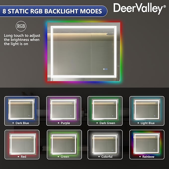 DeerValley LED Bathroom Mirror, 40" x 32" RGB Front and Backlit Wall Mounted Bathroom Vanity Mirror, Anti-Fog, 3 Colors Dimmable, Shatterproof, Tempered Glass, Memory Function (Horizontal/Vertical)