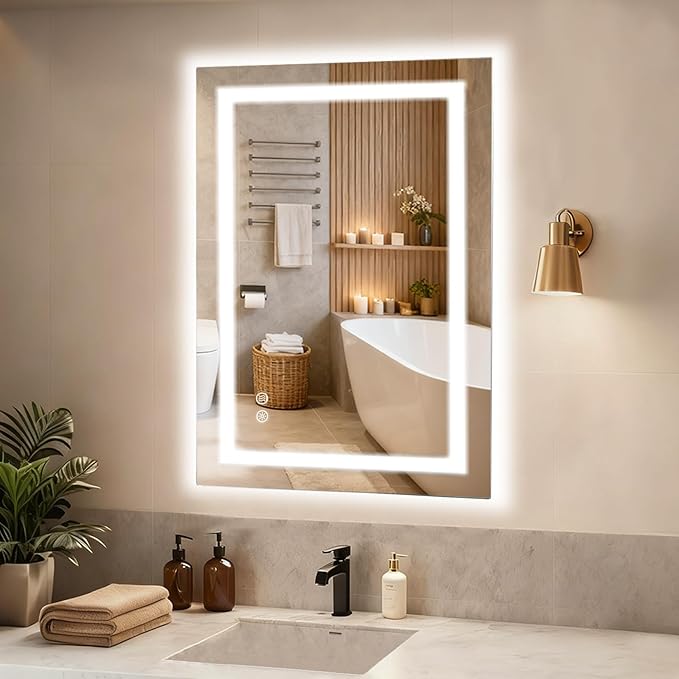MISSDAY LED Bathroom Mirror,24x36 Inch Gradient Front and Backlit LED Mirror for Bathroom, 3 Colors Dimmable CRI>90 Double Lights, IP54 Enhanced Anti-Fog, Hanging Plates Vanity Mirror with Lights