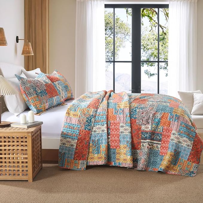 ENASAL Cotton Bedspread Quilt Bedding Sets Reversible Coverlet Comforters Vintage Bohemian Patchwork Pattern Bedspread for All Season, King Size
