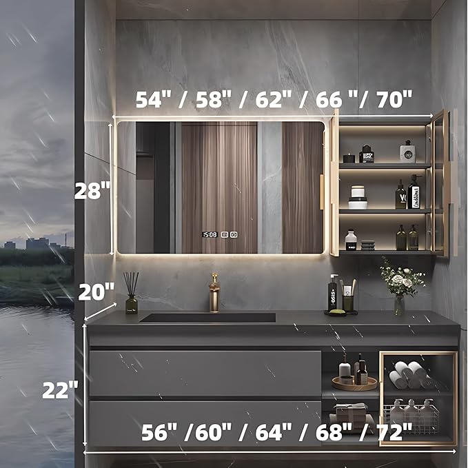 Bathroom Vanity with Sink - Luxury Bathroom Vanities, Floating Vanity with Smart Defogging Mirror, Multi-Layer Solid Wood Material - Complete Accessories (60")