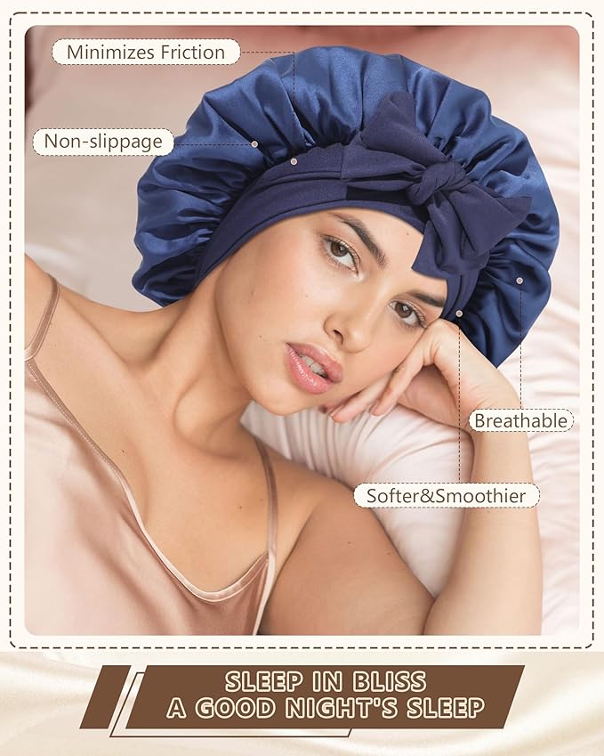 AWAYTR Women Satin Bonnet for Sleeping - Double Layer Silk Hair Bonnet with Elastic Tie Band for Braids Curly Hair