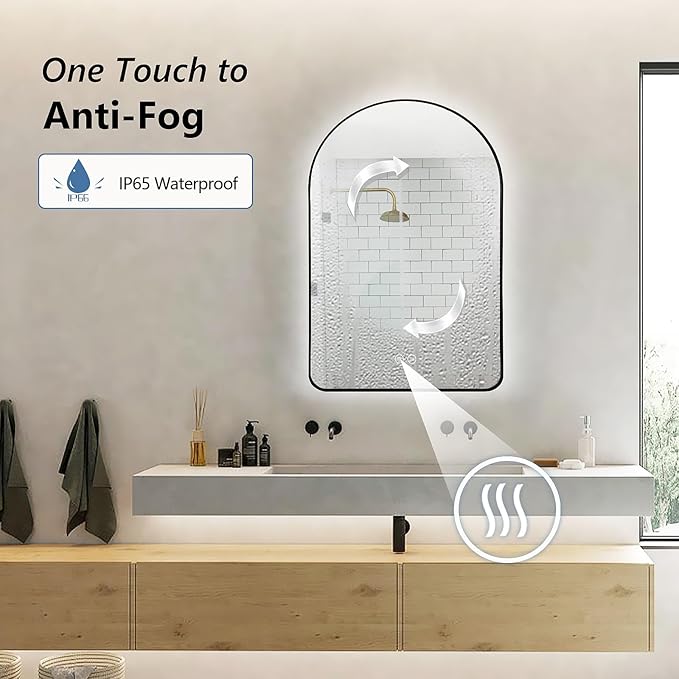 Niccy Arched LED Lighted Bathroom Mirror, 32x20 Inch Backlit Vanity Bathroom Mirror with Lights Brushed Black Framed Wall Mounted Mirrors with 3 Color Shatterproof Arch Smart Fog Free Mirror