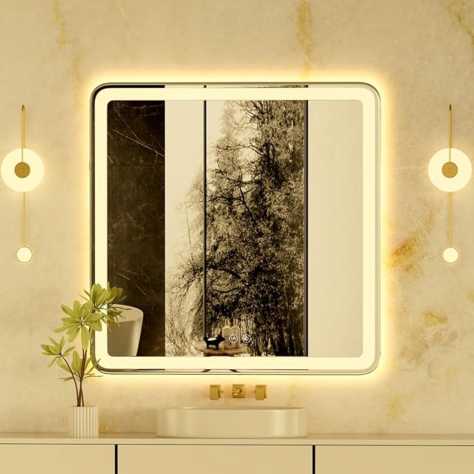 LED Bathroom Mirror 36"x 36" with Front and Backlight, Stepless Dimmable Wall Mirrors with Anti-Fog, 3 Colors, Smart Bathroom Vanity Mirror