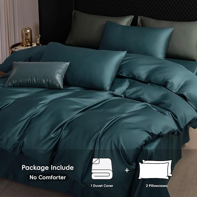 MooMee Duvet Cover Set 100% Extra Long Staple Cotton 600 Thread Count Silky Sateen Smooth Luxury Soft Breathable Durable Hotel Quality Bedding, 3 Pieces (Teal Green, King 104"x90")