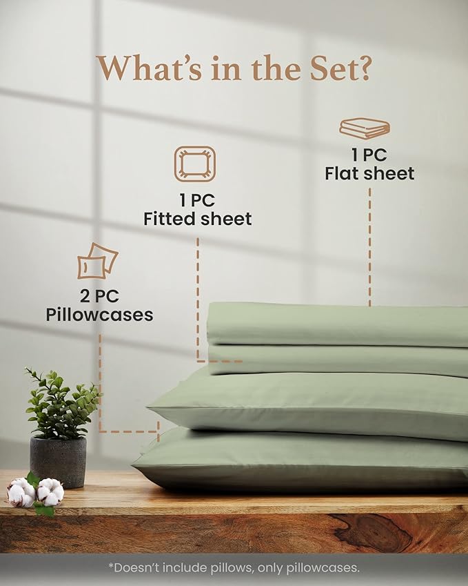 Egyptian Cotton Sheets King Size, 4 Pc Luxury Set, 100% Cotton, 16" Deep Pocket, Sateen, Sage