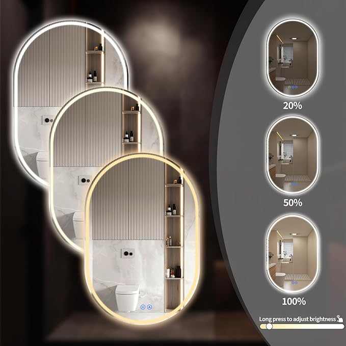 Bathroom Mirror 28"x48" LED Bathroom Mirror with Lights, Anti-Fog, Dimmable Oval Mirrors with Front Light and Backlit, Modern Farmhouse Wall Mounted Mirror for Decorative