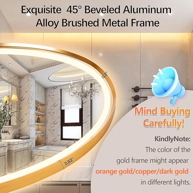 40"x24" Oval LED Bathroom Mirror with Lights, Gold Anti Fog Lighted Vanity Mirror Wall Mounted, Stepless Dimmable LED Oval Mirror, Memory, ShatterProof, Front/Backlit, Horizontal/Vertical