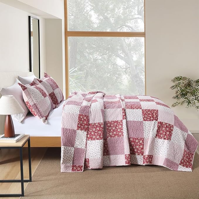 ENASAL Cotton Bedspread Quilt Bedding Sets Reversible Coverlet Sets Comforters Plaid Floral Red White Patchwork Pattern Bedspread for All Season, Queen Size