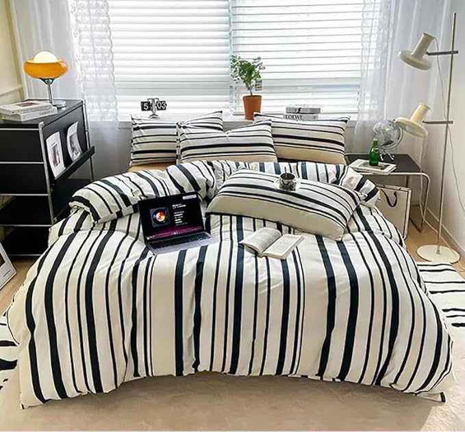 KAREVER Striped Comforter Set King Black and White Comforter Men Women Modern Chic Stripes Bed Comforters Beige Black Striped King Ticking Bedding Comforter Set All Season Hotel Quality Bed Set