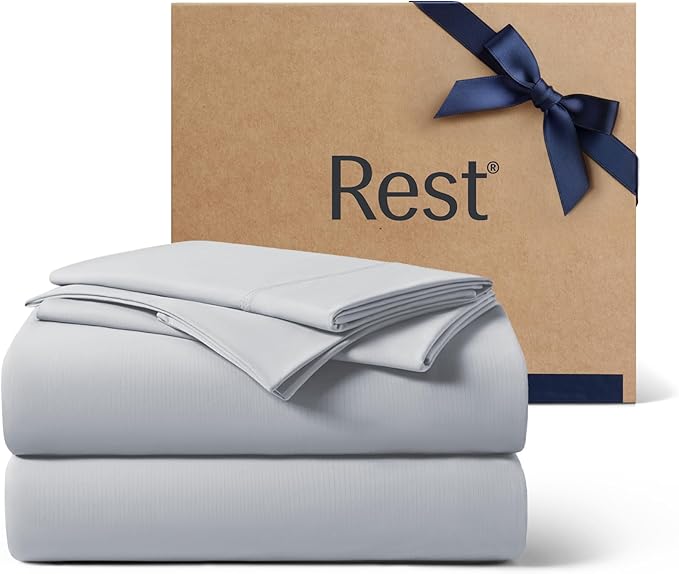 REST® Evercool®+ Cooling Sheet Set, Cali King Size, Light Gray, Breathable Bed Sheets for Hot Sleeper and Night Sweats, with Pillowcases, with Ionic+ Self-Cleaning Silver Yarn for Sensitive Skin, 4PCS