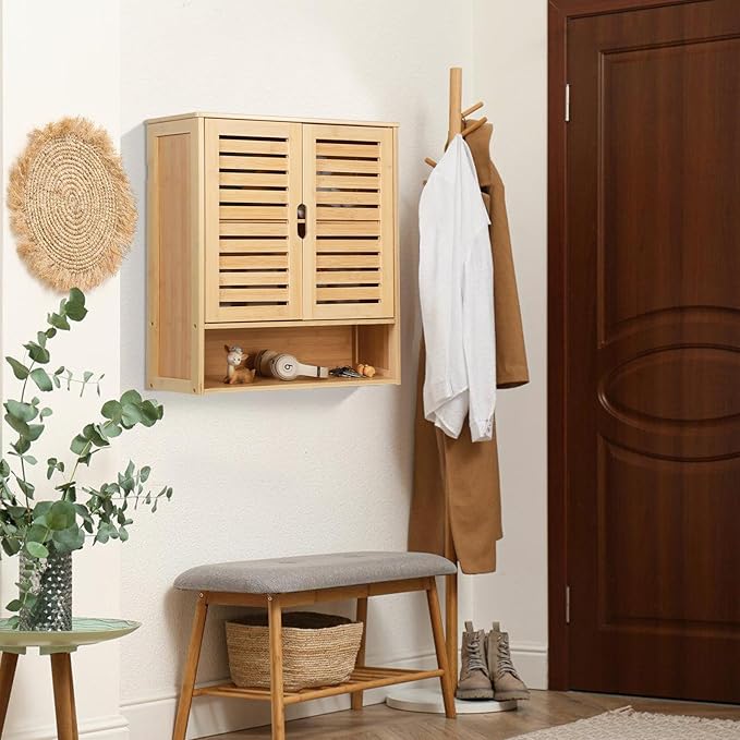 HYNAWIN Bathroom Wall-Mounted Medicine Cabinet - Over-The-Toilet Floating Bamboo Storage Organizer with Adjustable Shelf, Space-Saving for Kitchen, and Living Room