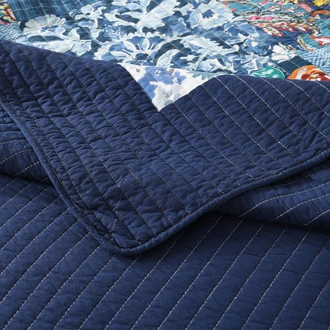 Autumn Dream Cotton Bedspread Quilt Sets Reversible Bedding Coverlet Sets, Luxury Vintage Paisley Floral Patchwork Blue Bedspread, King Size
