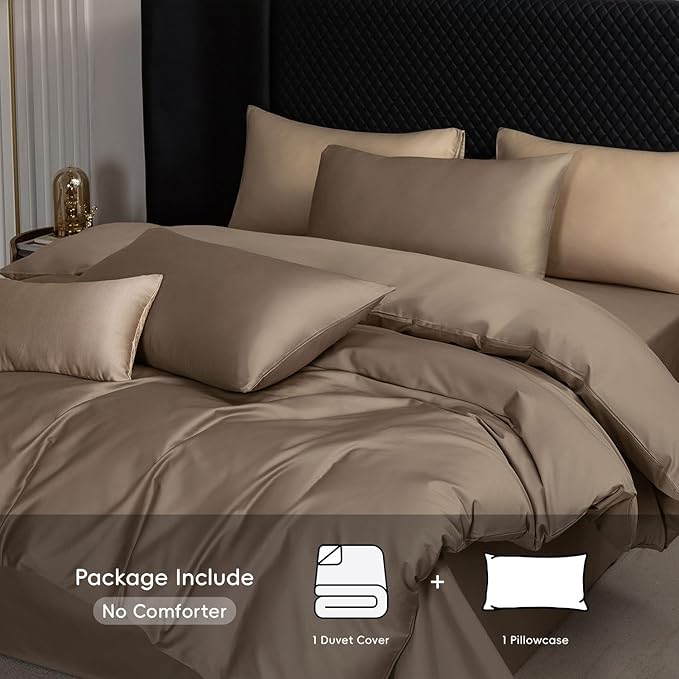 MooMee Duvet Cover Set 100% Extra Long Staple Cotton 600 Thread Count Silky Sateen Smooth Luxury Soft Breathable Durable Hotel Quality Bedding, 2 Pieces (Mocha Brown,Twin 68"x90")