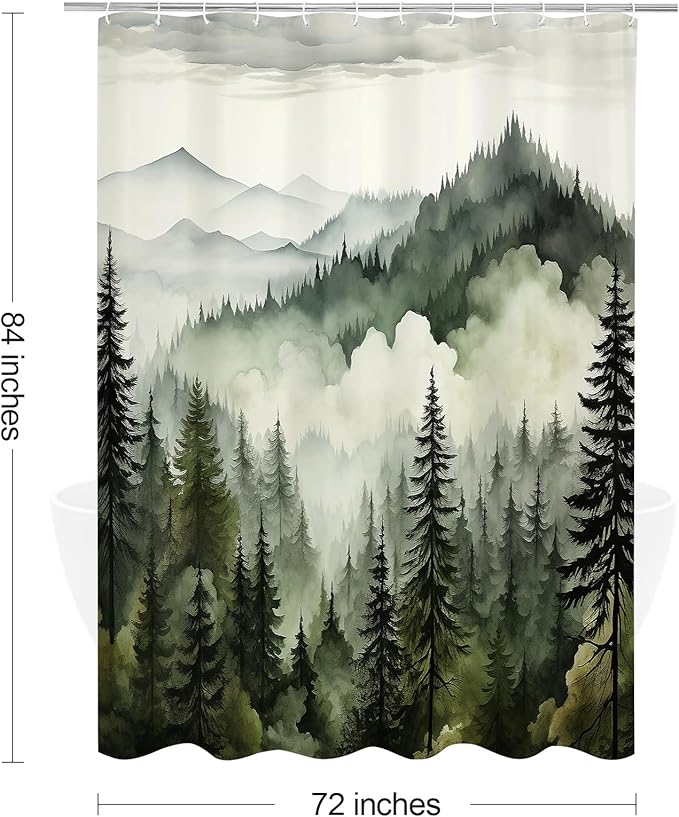 Dark Green Extra Long Misty Pine Forest Shower Curtain 72 x 84, XL Mountain Foggy Woodland Scenery Tree Shower Curtains for Bathroom, Abstract Waterproof Nature-Themed Decor