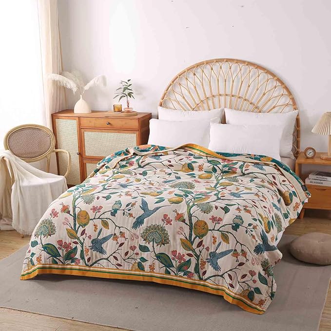 Qidordour Boho Throw Blanket, 60"x80" Muslin Blankets, 100% Organic Cotton Blanket for Couch Sofa, Lightweight Quilt, All Season Bed Throw, Farmhouse Home Decor, B-Hummingbird Fruit