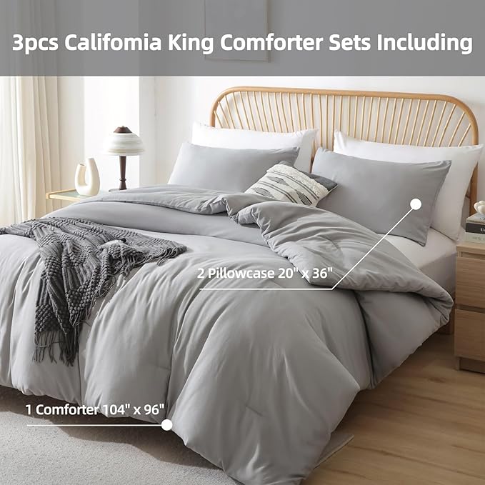 ROSGONIA California King Comforter Set Grey, 3pcs (1 Boho Cal King Comforter & 2 Pillowcases) All Season Lightweight Bedding Blanket Quilt