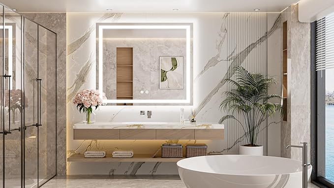 TETOTE LED Bathroom Mirror with Lights 40 x 36 Brighter Light up Mirror for Bathroom Vanity, Front and Backlit 3-Color Dimmable Illuminated Antifog Mirror Wall Mounted, Waterproof, Tempered Glass